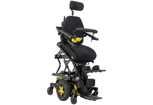 Image of a yellow base Quantum Rehab power chair with a Tru Balance 4 seating system in an anterior tilt position.