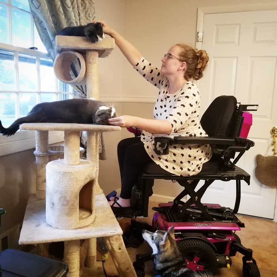 Stephanie uses seat elevation on her Quantum Power Wheelchair to pet her cats.