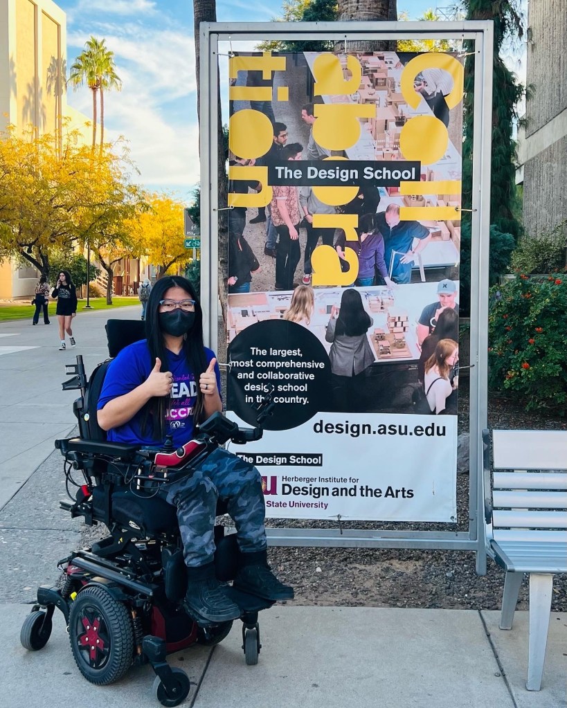 Maddie tours ASU in her Quantum power wheelchair